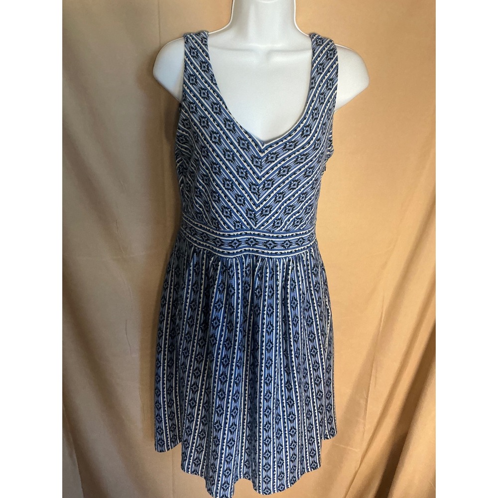 Maeve Anthropologie Dress Women 10 Blue White Excellent Geometric Fit Flare